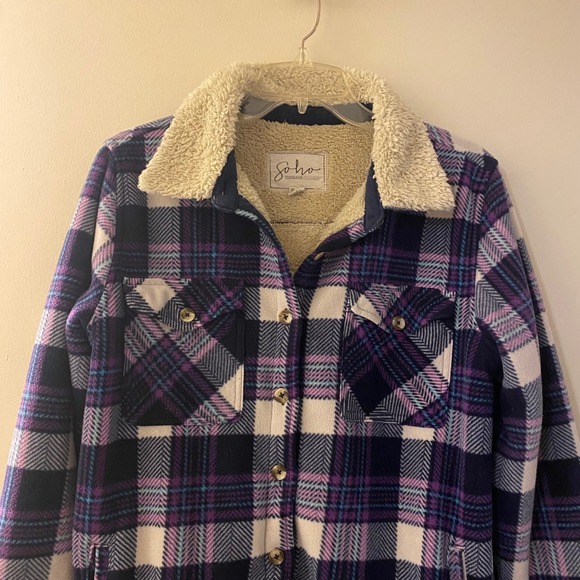 Soho Apparel Purple Plaid Sherpa Lined Shacket Cozy Winter Jacket Medium - Picture 4 of 16